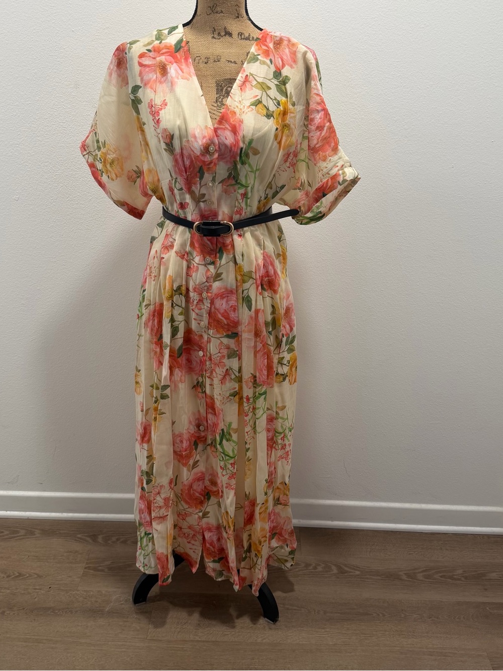 Anthropologie Cream Maxi Dress with Coral and Yellow Floral Print
